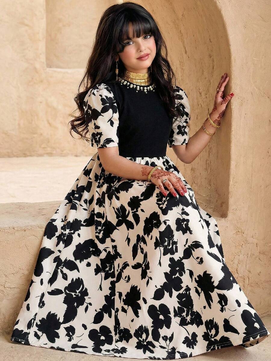 Teen Girl Fashionable & Elegant Knit Patchwork Print Dress - Black and White - View 1