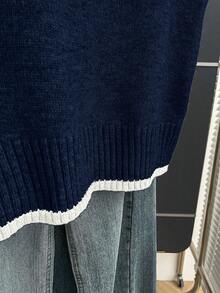 Franclia Navy Blue And White,Back-To-School,Autumn,Casual,Occasion,School Contrast Trim Knit Vest,Polo Collar Half-Button Slim Fit Soft Ribbed Retro Sweater - Navy Blue - View 7