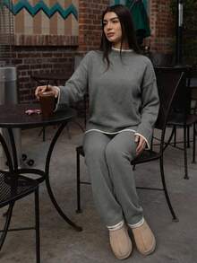 Andrea Bello 女士休闲日常通勤撞色落肩宽松针织毛衣和针织裤两件套，秋冬 - 深灰色 - 查看 5