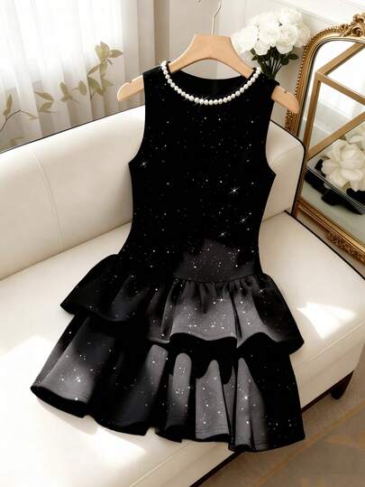 SHEIN Franclia 女士夏季休闲浪漫串珠无袖短裙，闪亮面料，适合约会、派对、度假，多层荷叶边下摆，百搭连衣裙，春、夏、秋季皆宜