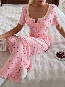SHEIN 心形波点印花撞色蕾丝U领针织短袖修身女士睡衣套装 - 粉色 - 查看 6