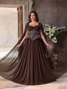 Aureia Đầm dạ hội sang trọng, màu nâu cà phê, cổ hình trái tim, tay bồng, thêu đính cườm, thiết kế xếp nếp, dáng chữ A, phù hợp cho mọi dịp trang trọng, mùa cưới, dạ tiệc (thiết kế được trang trí cầu kỳ). - Cà phê nâu - Xem 7