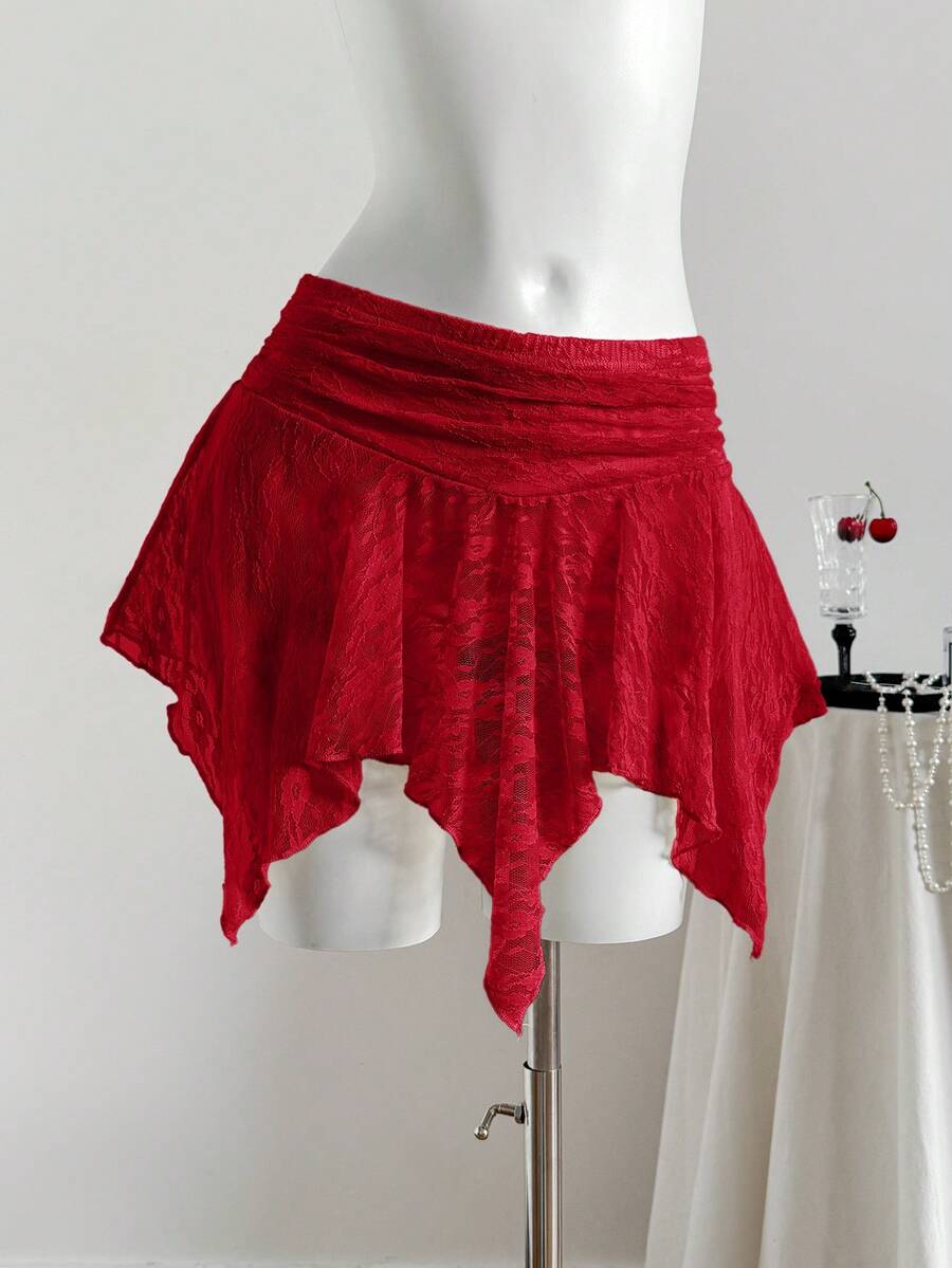SHEIN EZwear Chân váy ngắn xếp ly bất đối xứng thời trang đa năng dành cho nữ, thích hợp cho buổi hẹn hò hoặc đi chơi. - Đỏ - Xem 1