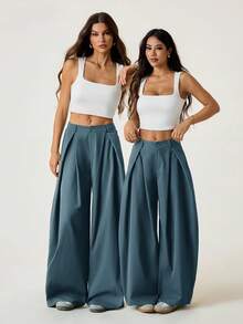 SHEIN PETITE 女士夏季复古休闲街头风外出宽松军绿色弧形裤脚长裤 - 藍色 - 查看 6