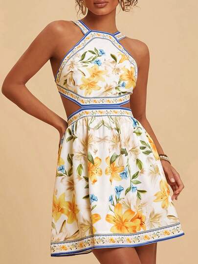  Travachic Women's Boho Mini Dress With Halter Neck And Lace Up Back Long Floral Dress Women BohoMini Dress Women Garden Party Dress Summer Mini Dress Floral Mini Dress