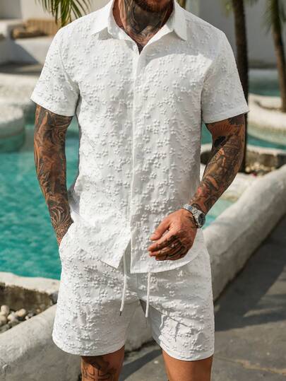 Manfinity CasualCool Men's Jacquard Collar Single-Breasted Short Sleeve Shirt Top And Drawstring Waist Shorts Casual Daily Suit