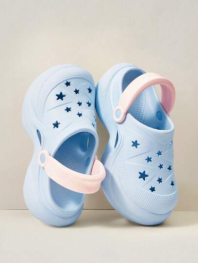 Cuccoo 女士木屐，浅蓝色厚底增高木屐，夏季女鞋，星形镂空可爱学院风，EVA材质防滑舒适，长时间穿着不累脚，户外度假沙滩鞋