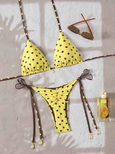 Swim Vcay Springbreak Women's Polka Dot Sexy Halter Bikini Swimwear Set Y2k Bikini Set Summer Bikini Set Bikini Set Polka Dot Bikini Polka Dot Bathing Suit Yellow Bikini Set Yellow Polka Dot Bikini Yellow Bathing Suits For Women
