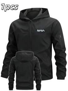 Manfinity Homme Men's Casual Everyday Commute Minimalist Letter Print Zip-Up Hooded Jacket, Suitable For Spring And Autumn - Black - View 1