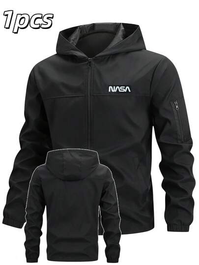 Manfinity Homme 남성 캐주얼 일상 출퇴근 미니멀리스트 레터 프린트 지퍼 후드 재킷, 봄 가을에 적합