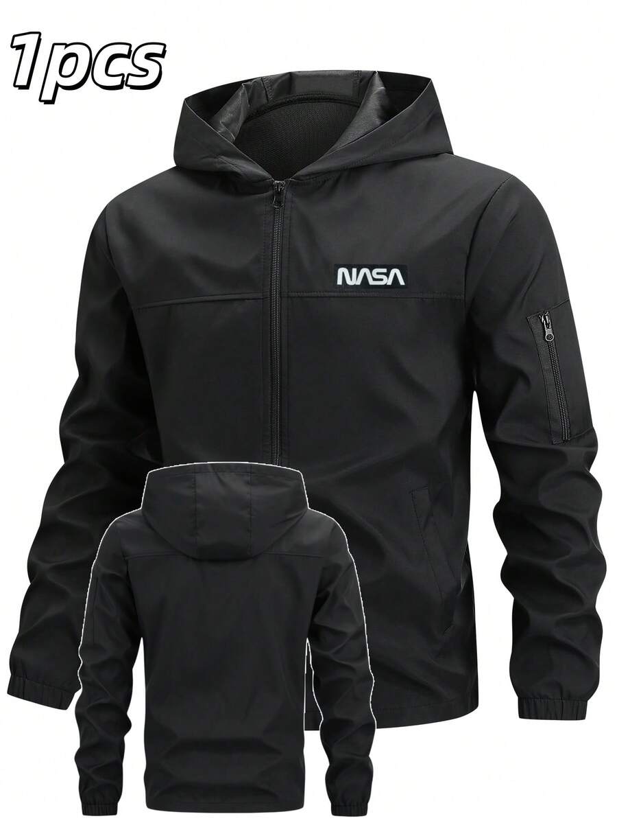 Manfinity Homme Men's Casual Everyday Commute Minimalist Letter Print Zip-Up Hooded Jacket, Suitable For Spring And Autumn - Black - View 1