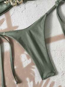 Swim Vcay Bộ 2 món gồm áo bikini quây và quần lọt khe buộc dây bên hông, màu trơn, họa tiết rắn ánh kim, thích hợp cho kỳ nghỉ hè ở bãi biển. - xanh quân đội - Xem 7