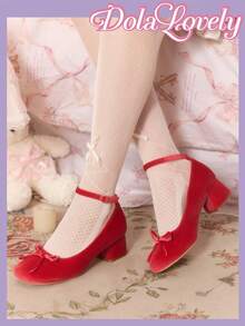 Dola Lovely Giày cao gót đế dày, quai ngang mắt cá chân màu đỏ dành cho nữ, kiểu dáng ngọt ngào, dễ thương, đa năng, phù hợp đi làm hàng ngày. - nhung đỏ - Xem 3