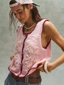Bohemela 女士3D立体花卉装饰单排扣休闲针织背心 - 粉色 - 查看 1