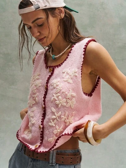 Bohemela 女士3D立体花卉装饰单排扣休闲针织背心