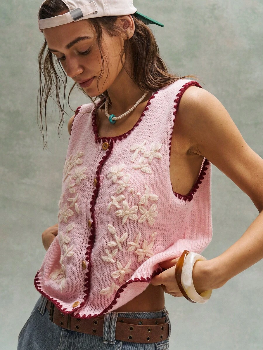 Bohemela 女士3D立体花卉装饰单排扣休闲针织背心 - 粉色 - 查看 1