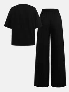 Girlism 少女字母蝴蝶印花短袖T恤和阔腿裤休闲套装 - 黑色 - 查看 2