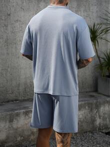 Manfinity RSRT 男士T恤套装，半拉链T恤，宽松落肩版型，提花针织面料，灰蓝色T恤套装 - 藍色 - 查看 2