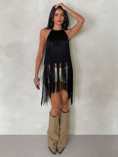 Glamine New Black Halter Tassels Tops, Sexy Party Top