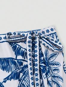 Swim Oasis Plus Size Summer Vacation Tropical Plant Print One-Piece Swimsuit And Sarong Skirt Set - Blue and White - View 4