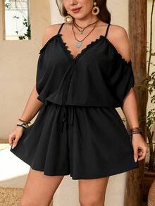 Breezaya Bộ jumpsuit nữ cỡ lớn dáng rộng, thoải mái, cổ chữ V sâu, cổ bèo nhún, dây mảnh, kiểu dáng thanh lịch. - màu đen - Xem 4
