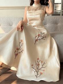 Feyla Women's Elegant Floral Embroidery Sleeveless Dress, Summer - Apricot - View 6