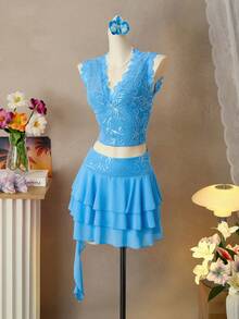 Elegant Embroidered Blue V-Neck Sleeveless Skirt, Women's 2-Piece Set, Spring/Summer - Blue - View 2