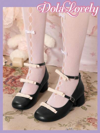 Dola Lovely Women's Black Leather Round Toe Bow Buckle Mary Jane Ankle Strap Mid-Heeled Shoes, Sweet Vitality, Daily Commuting Versatile High-Heeled Shoes