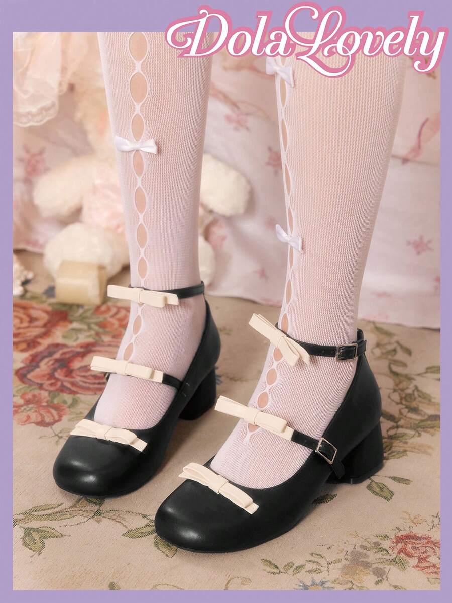 Dola Lovely Giày cao gót nữ màu đen da, mũi tròn, khóa nơ, kiểu Mary Jane, quai ngang mắt cá chân, gót trung bình, phong cách Sweet Vitality, giày cao gót đa năng cho việc đi lại hàng ngày. - màu đen - Xem 1