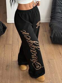 Coolane 女士豹纹字母抽绳腰宽松休闲运动裤 - 黑色 - 查看 5