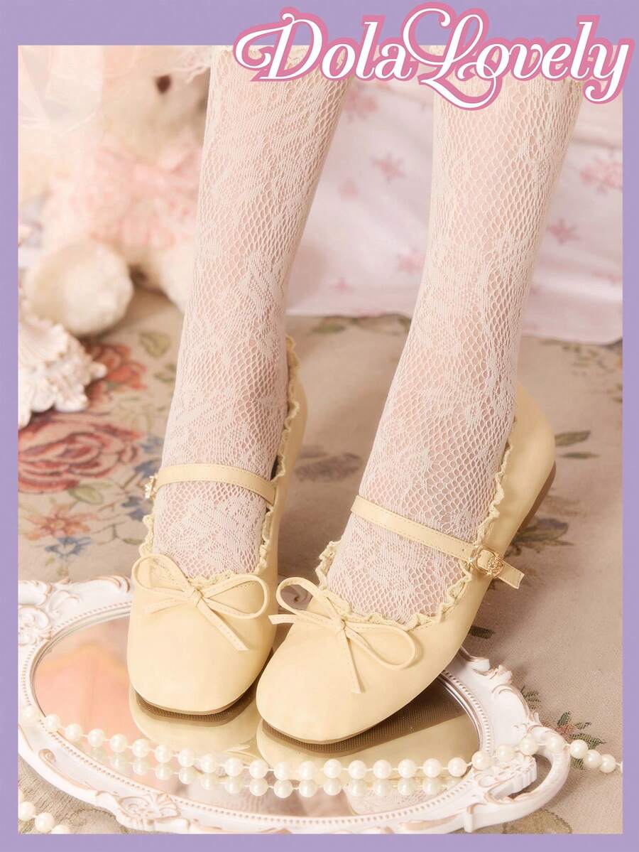 Dola Lovely Women's Apricot Low Vamp Flats, Lace Lace Bow Mary Jane Shoes, Gentle And Sweet Shoes For Daily Commuting - Apricot - View 1