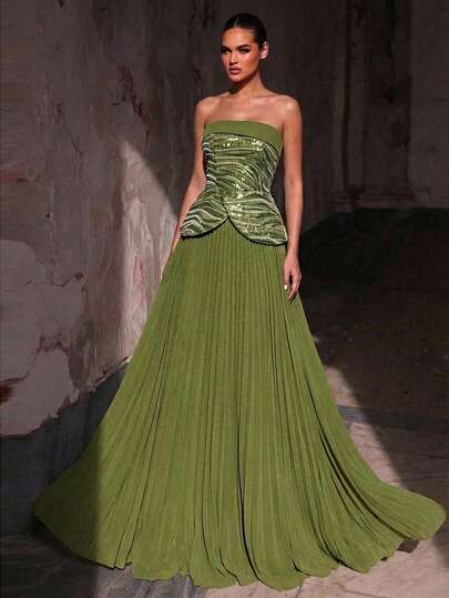 Glamrae Elegant Grass-Green Luxurious 3D Sequined Strapless Top, High-Waisted And Slimming Faux Two-Piece Design (No Halter Neck Or Draped Details Included, For Styling Purposes Only). Heavy-Duty Chiffon Pleated A-Line Skirt With Adjustable Back. Suitable For Dates, Vacations, Bachelor/Bachelor Parties, Weddings, Business Dinners, Graduation/Back-To-School Season, Travel, And All Formal Occasions. Women's Evening Gown.