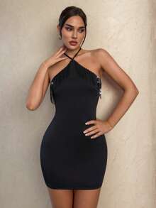 SHEIN Glamour Retro Striped Beaded Women's Summer Vacation Style Hanging Neck Halter Neck Mini Dress, Suitable For Evening Dates Women Black Dress, Sexy Vacation,Bodycon Party Dress - Black - View 5