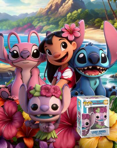 Funko POP! Vinylfigur, Lilo & Stitch Luau-ängel med blomsterkrona och gräskjol, fönsterkartong, nr 1568, söt Chibi-skrivbordsdekoration, present till fans