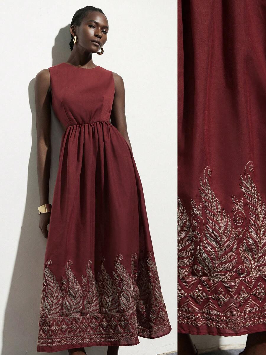 Aveloria Modichic Burgundy & Brick Red Gold 3D Floral & Vine Geometric Retro Embroidered Waist Hollow Out Round Neck Women's Dress, Vacation Casual Versatile Bohemian - Multicolor - View 1