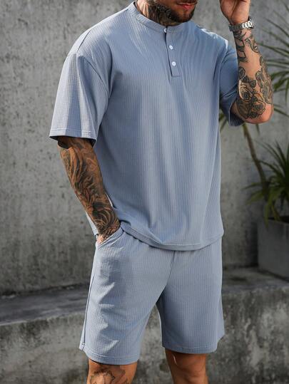 VENTUSAIL Conjunto de camisetas para hombre, camiseta con media cremallera, silueta holgada de hombros caídos, tela de punto jacquard, conjunto de camisetas gris-azul