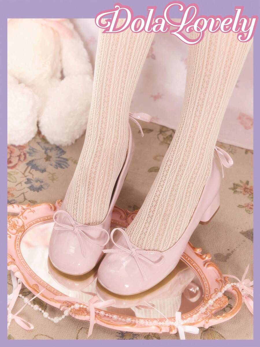 Dola Lovely 女士浅粉色漆皮圆头蝴蝶结粗跟鞋,温柔甜美,日常通勤百搭高跟女鞋 - 淺粉色漆皮 - 查看 1