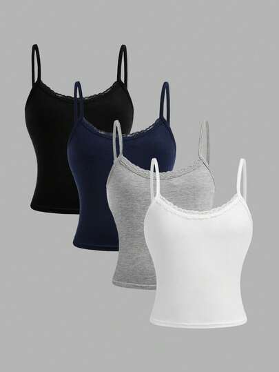 Girlism 4pcs/Set Tween Girls Casual Sports Leggings, Solid Color Fitted Camisole Top With Lace Trim