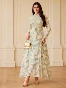 ZEYLAH Women's Mandarin Collar Jacquard Waist Tie Design Elegant Waist Cinched Dress, Suitable For Dates And Parties - Green - View 5