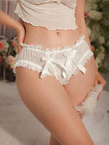White Floral Lace Ruffle Trim Sheer Bowknot Cute Sweet Sexy Women Panties - White - View 1