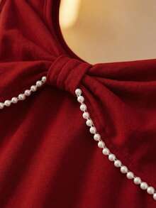 Franclia French Retro-Style Light Luxury Red Bow Pearl Knitted Sleeveless Vest Top, Unique And Exquisite Design, Women's T-Shirt, Women's Spring And Summer T-Shirt, Women's Sexy Burgundy Vest, Sleeveless Top, Spring Clothing, Summer Outfit, Outing, Vacation, Leisure, Y2K, Graduation Season, Fashionable Outfit, Versatile, CommutingGraduation Season Attire, Fashionable Casual Commuter Wear, Business Office Wear, Versatile And Stylish Everyday Casual Wear, Urban Teacher's Professional Attire - Burgundy - View 4