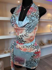 Zestiva Women's Leopard Print Halter Neck One-Piece Dress & Cover-Up, Spring/Summer - Multicolor - View 6