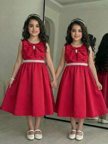 SHEIN Drmz 少女纯色圆领3D大蝴蝶结珍珠腰带装饰休闲红色连衣裙，适合年轻女孩、女婴的优雅可爱宽松连衣裙，带蝴蝶结领，春夏薰衣草色女童连衣裙，淡紫色儿童连衣裙，女童茶会连衣裙，田园风女童连衣裙，可爱的女婴薰衣草印花连衣裙，带大蝴蝶结装饰和荷叶边袖子，非常适合春夏活动、生日礼物、家庭度假服装。 - 紅色 - 查看 6