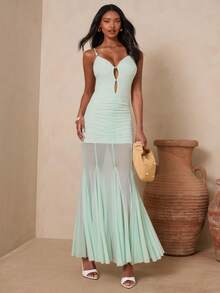 Enchnt Spring/Summer Romantic Women's Light Green Beaded Decor Spaghetti Strap Mermaid Long Dress,Sweet&Elegant For Vacation&Date&Holiday&Going Out,Spring Outfit Women - Mist Green - View 1