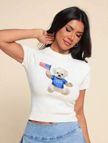 Coeurva 女士小熊图案圆领短袖针织上衣 - 杏色 - 查看 7