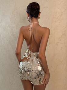 SHEIN Glamour 女士性感亮片露背吊带连体裤，适合派对和夏季穿着 - 金色 - 查看 2