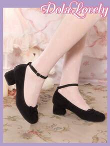 Dola Lovely Giày cao gót nữ màu đen da lộn, mũi tròn, có nơ và khóa cài, quai ngang mắt cá chân, gót dày, thanh lịch và đa năng, thích hợp đi lại hàng ngày. - Màu đen - Xem 5