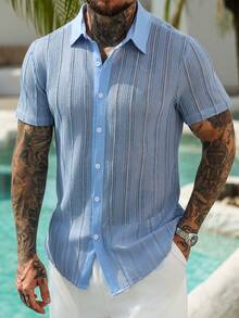 VENTUSAIL Chemise décontractée à manches courtes bleue pour hommes, vacances - Bleu azur - Voir 3