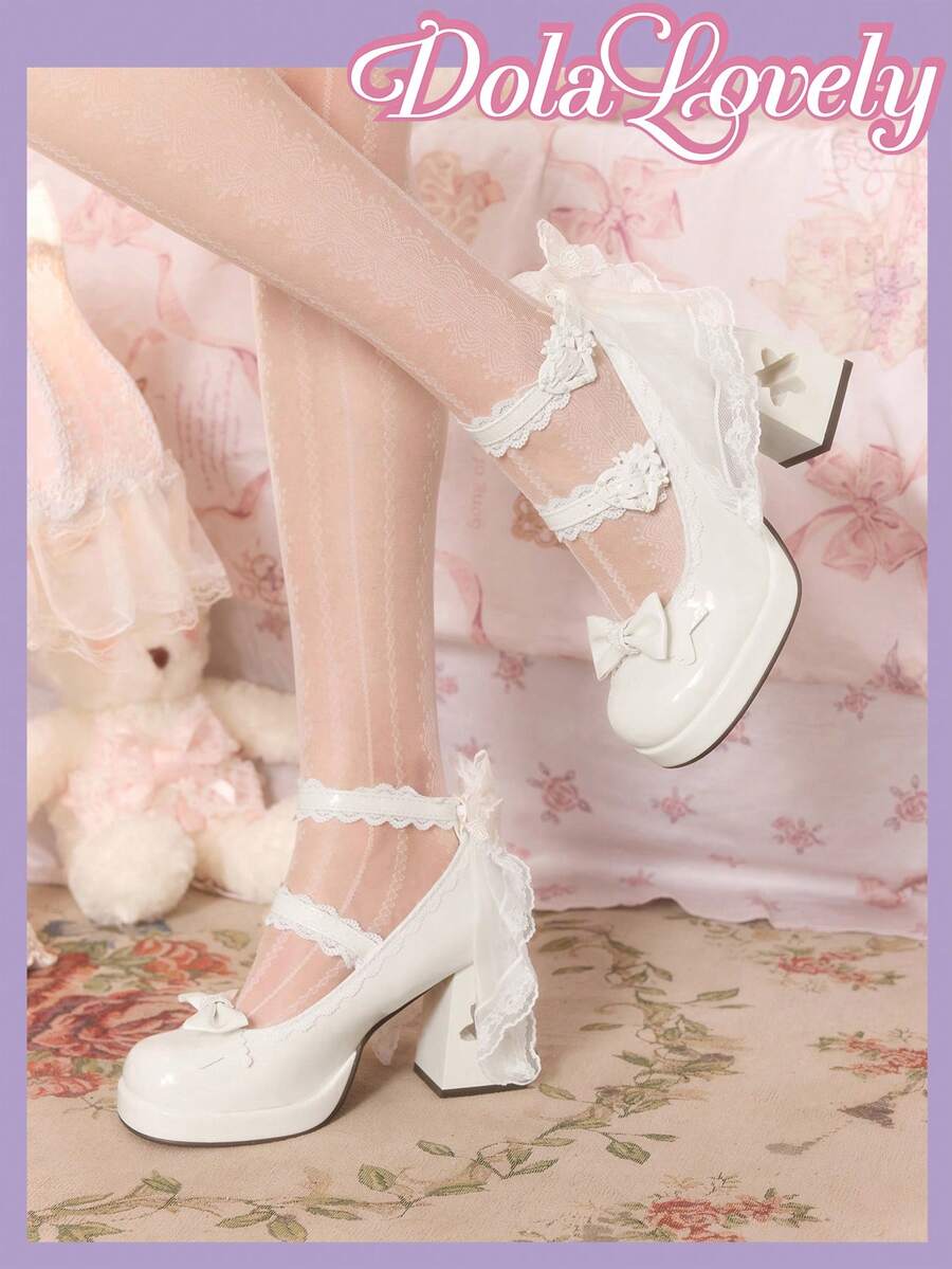 Dola Lovely Women's Bow Decor Buckle Design Fashionable Cute High Heels - beige leather noodles - View 1