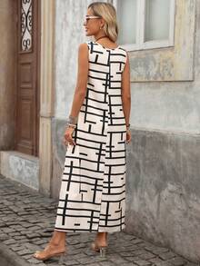 Brillora Women's Geometric Pattern Side Slit Hem Casual Sleeveless Dress - Black and White - View 2